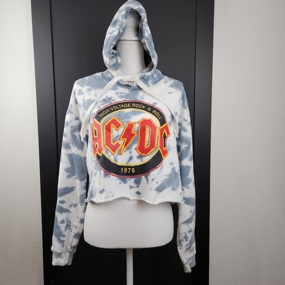 Ac/dc High Voltage Rock N Roll 1976 Tie Dye Hooded Crop SZ L - Picture 1 of 8